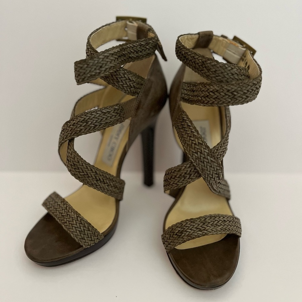 Jimmy Choo woven olive sandal with box and bag